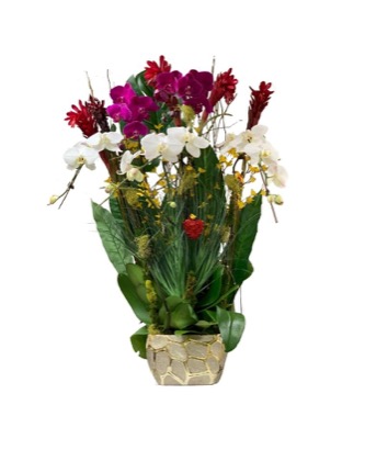 Arrangement no. 2 — Vibrant arrangement of magenta, red and white blooms with broad tropical leaves